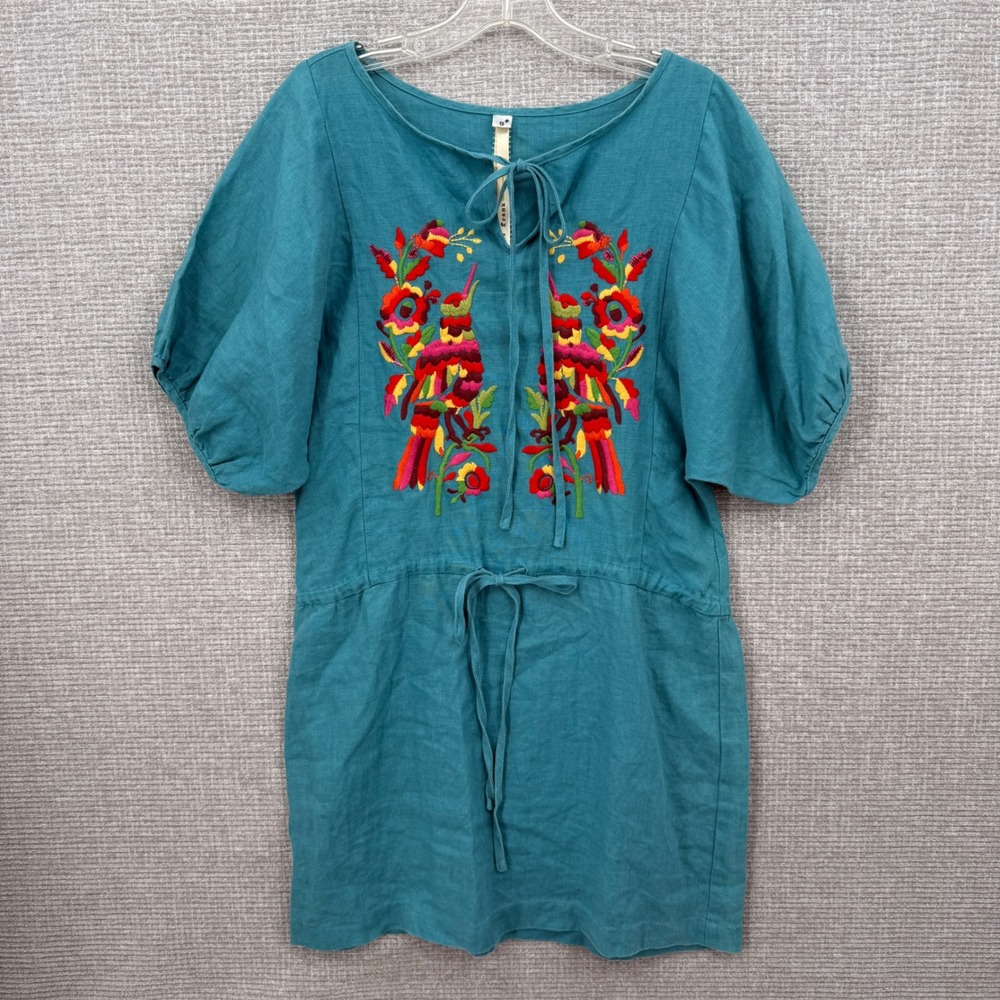 Uncle Frank Tunic Dress Women S Blue Linen Bird Floral Embroidered Boho